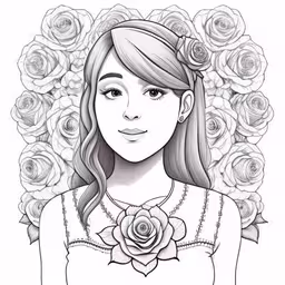 a woman with flowers around her neck in front of roses,a drawing of a girl with flowers on the head and neck