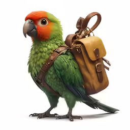 the parrot is holding the backpack on his back