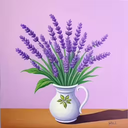 there is a purple painting of lavender in a white pitcher