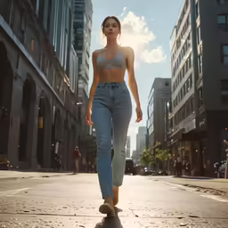 a woman walking down the middle of the street