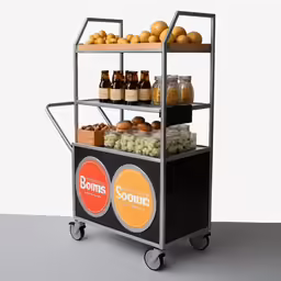 a black and gray cart has some bottles