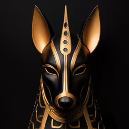 an animal mask that is black and gold