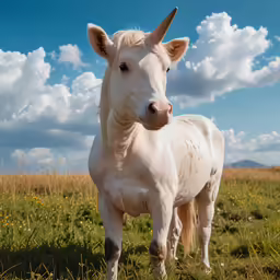 an adorable baby white horse standing on top of grass