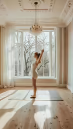 the baby girl is practicing her yoga in front of a large window