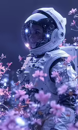 a person wearing a spacesuit walking amongst flowers