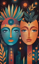 a painting shows two faces in profile, one with large leaves and the other with small leaves on her forehead