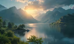 a lake with water and grass under a cloudy sky