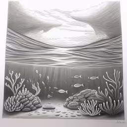 an underwater scene drawn in pencil with water and seaweed
