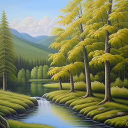 a painting that is showing a stream in the woods,a painting with stream in the woods with bright green trees,a painting of a stream in the woods,a painting of an stream in the forest with trees,a painting that is of trees and water