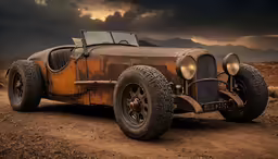 an old rusted out antique car is in the desert