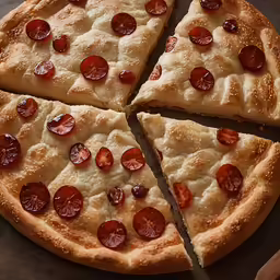 a pepperoni pizza cut in four pieces with one slice missing
