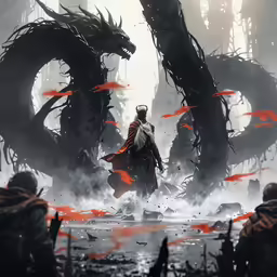 a man stands in front of two large, strange creatures