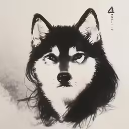 a black and white husky with asian writing