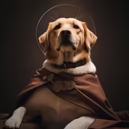 the dog is dressed in a costume with a angelic halo on his head