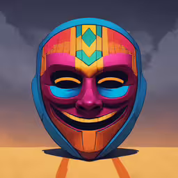 a mask with a big smile on it,a mask with a strange smile and yellow strips