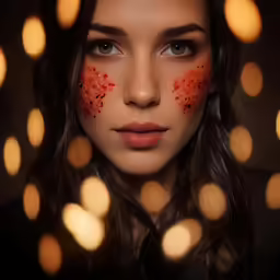 a woman with makeup and lights all around her