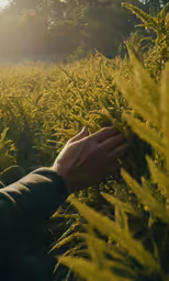 a person reaches out to touch an evergreen in the sun