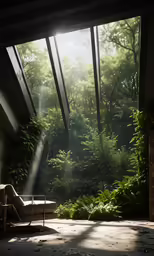 a patio with sunbeams above a lush green forest