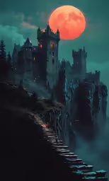 a painting of an old castle with stairs leading to the top