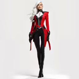a white woman in a black and red suit