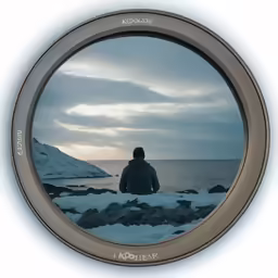 a man is standing on the snow at sea