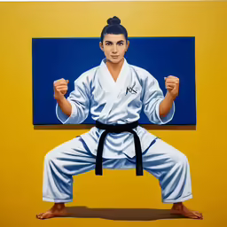 a painting of a person holding a black belt