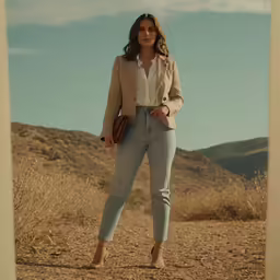 a woman with a purse is in the middle of a dirt road