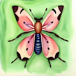 the butterfly is painted on the green surface,a pink and black butterfly on a green and white background