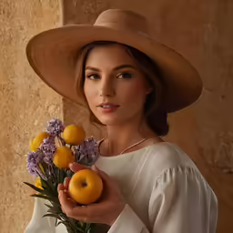 woman in white holding oranges and purple flowers
