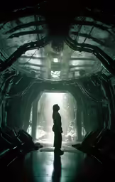 the silhouette of a man standing in a spaceship looking down on an alien