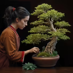 woman in orange shirt touching bonsai tree in planter