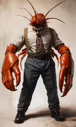 a man is holding giant lobster shaped hands and a tie