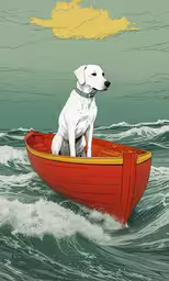 a dog in a boat floating in the ocean,a dog that is sitting in a boat in the water