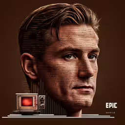 a man with an old school computer ad in his hair