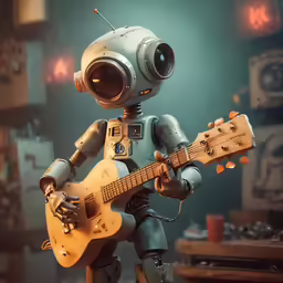 an animated robot playing a guitar in a room