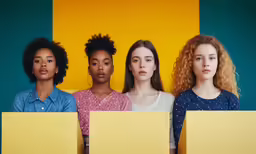 three women are lined up behind yellow boxes