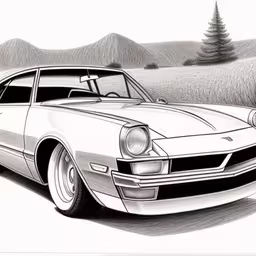 a car is shown on a paper next to mountains,a drawing of an old fashion car on the side of the road