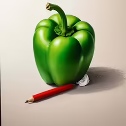 a painting of two green peppers sitting next to a pencil