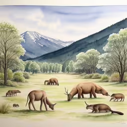 watercolor painting depicting a family of mountain brown animals