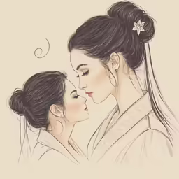 an ink drawing of two asian women with their faces close together