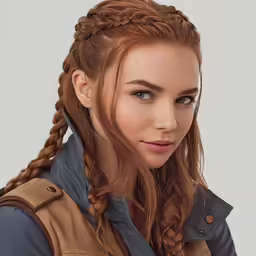 a girl with long red hair wearing an overcoat