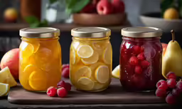 three jars full of different colored liquid and fresh fruits
