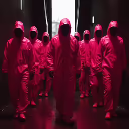 a group of pink suits that are lined up