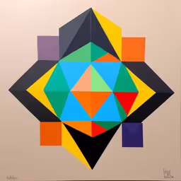an abstract painting in multi colored squares of different shapes,there is a painting made from geometric shapes,the painting is on the wall near a brown door,a painting with many different colors on it,an abstract painting of multicolored shapes in brown