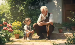 an old man sitting next to a little girl who is pointing something in their hands