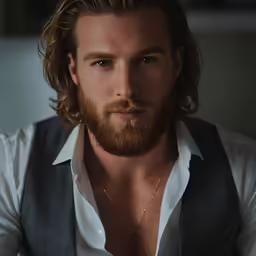 man with long hair wearing vest in photograph