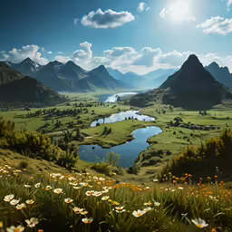 a landscape with grass, water and flowers around a pond