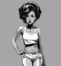a drawing of an girl in underwear,an anime girl with a large breast in high waist shorts