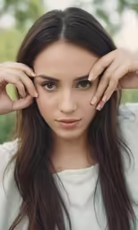 a woman is holding her hands to her face
