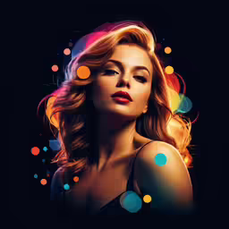 a woman with a black dress and a colorful background
